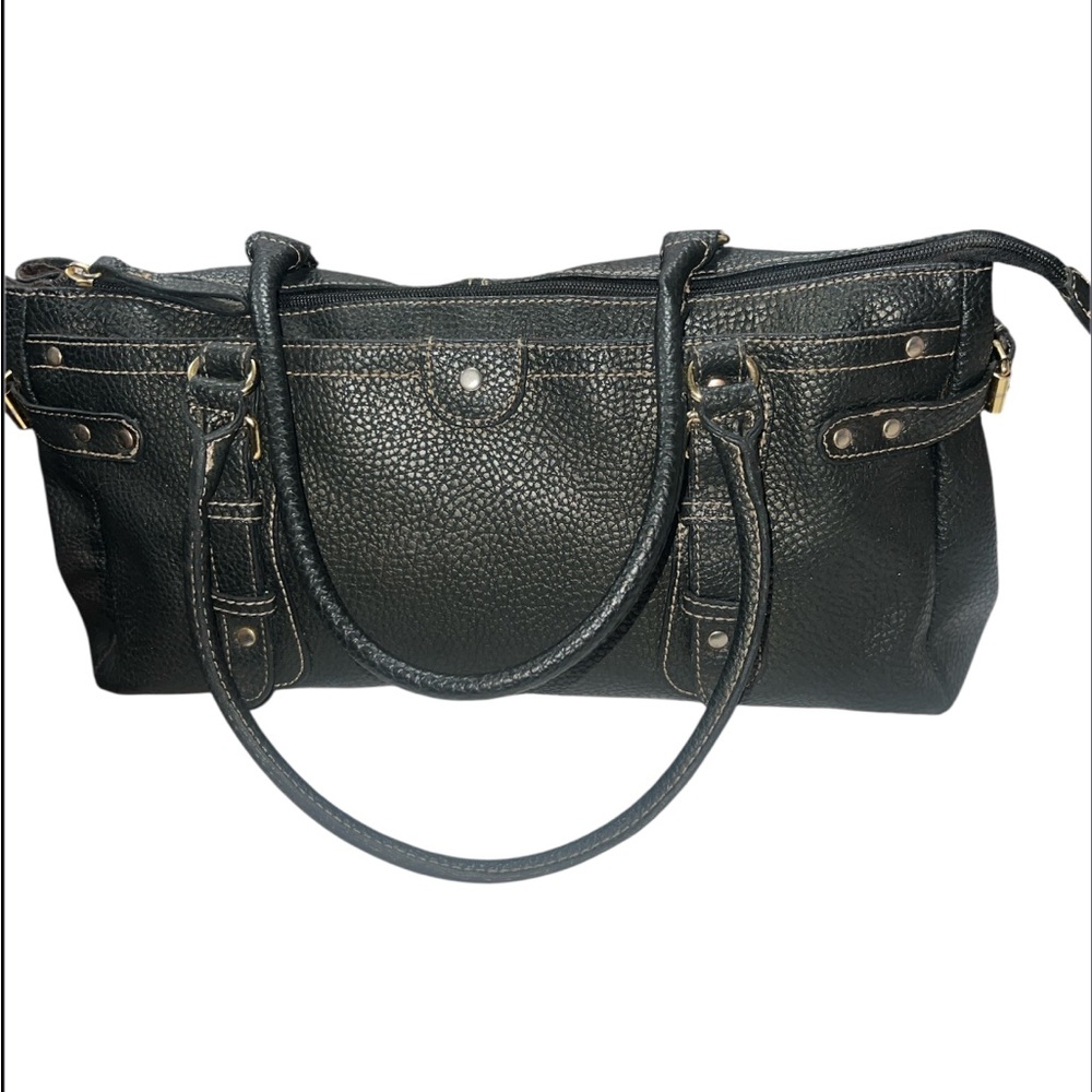 Pebbled Genuine Leather Shoulder Bag Top Handle Contrast Stitching Y2K Style